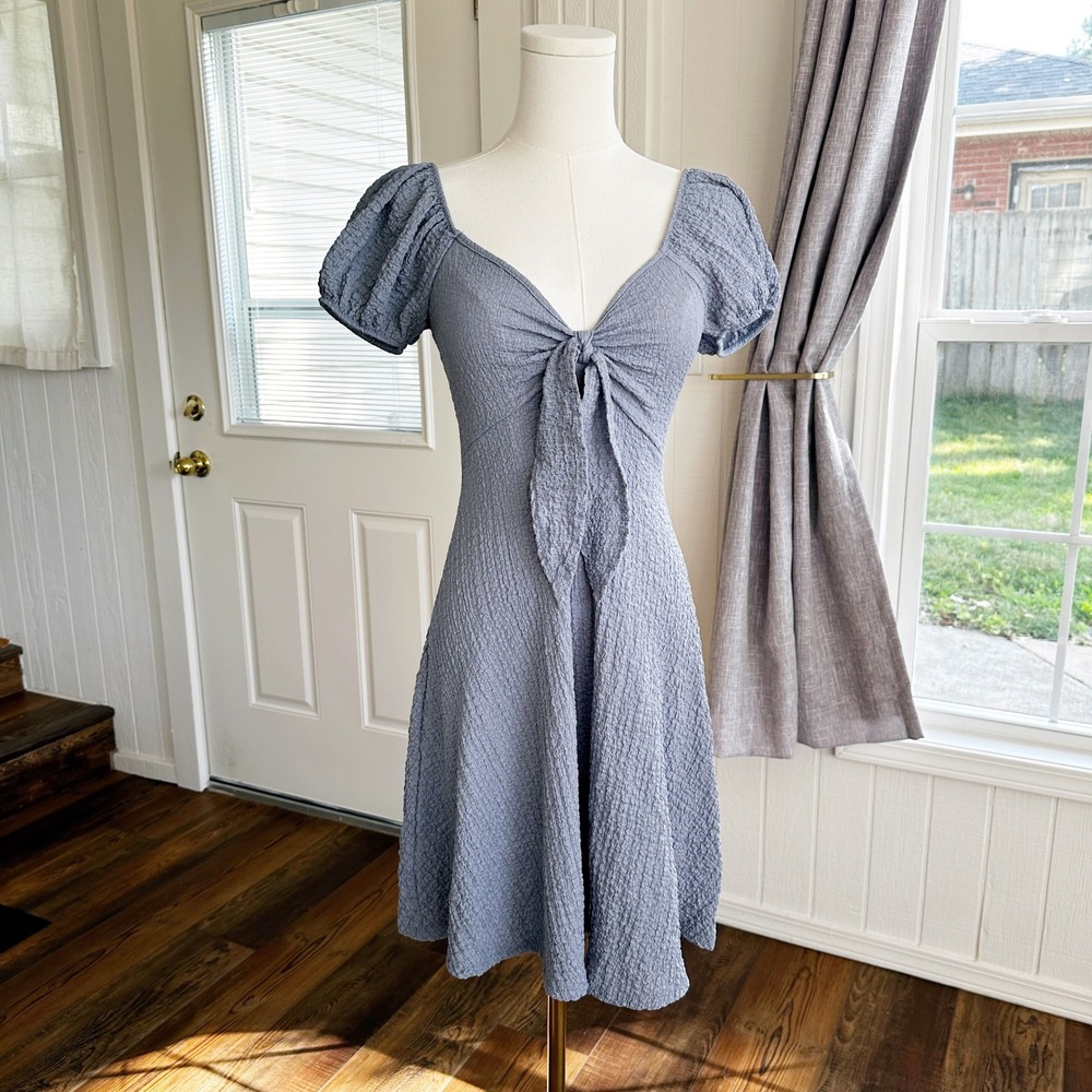 See You Monday Women Mini Dress M Blue Tie Front Cottagecore Romantic Coquette